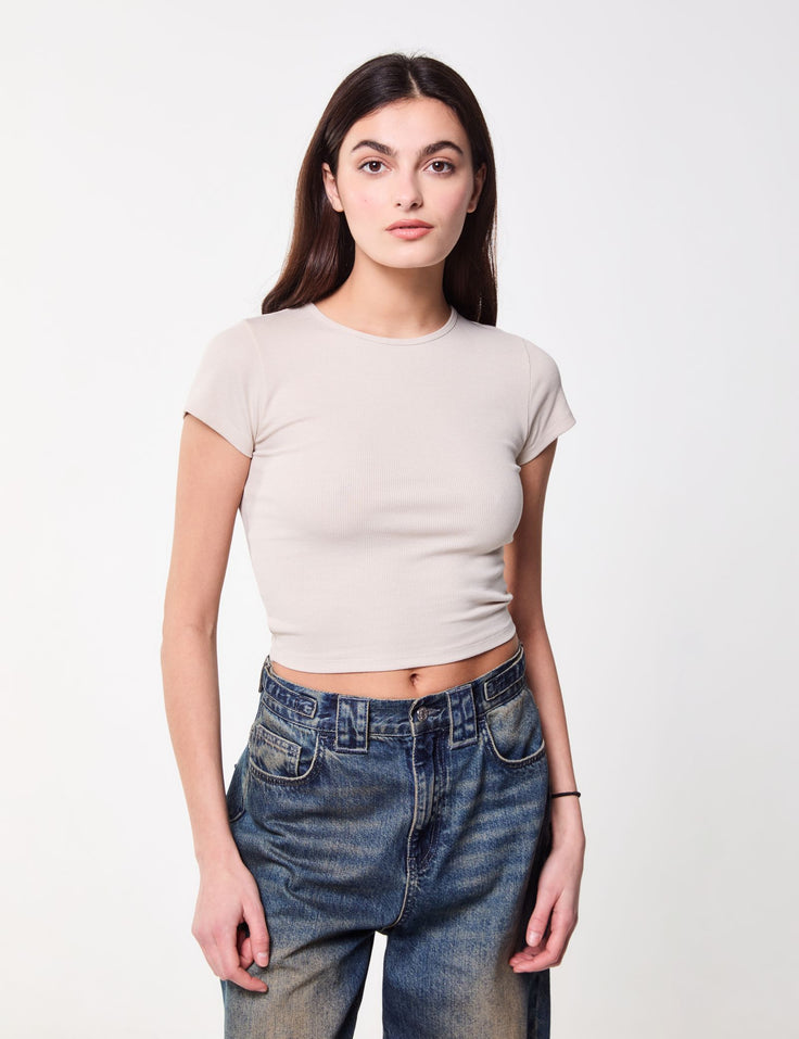 T-shirt basic côtelé creme