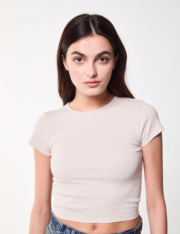 T-shirt basic côtelé creme