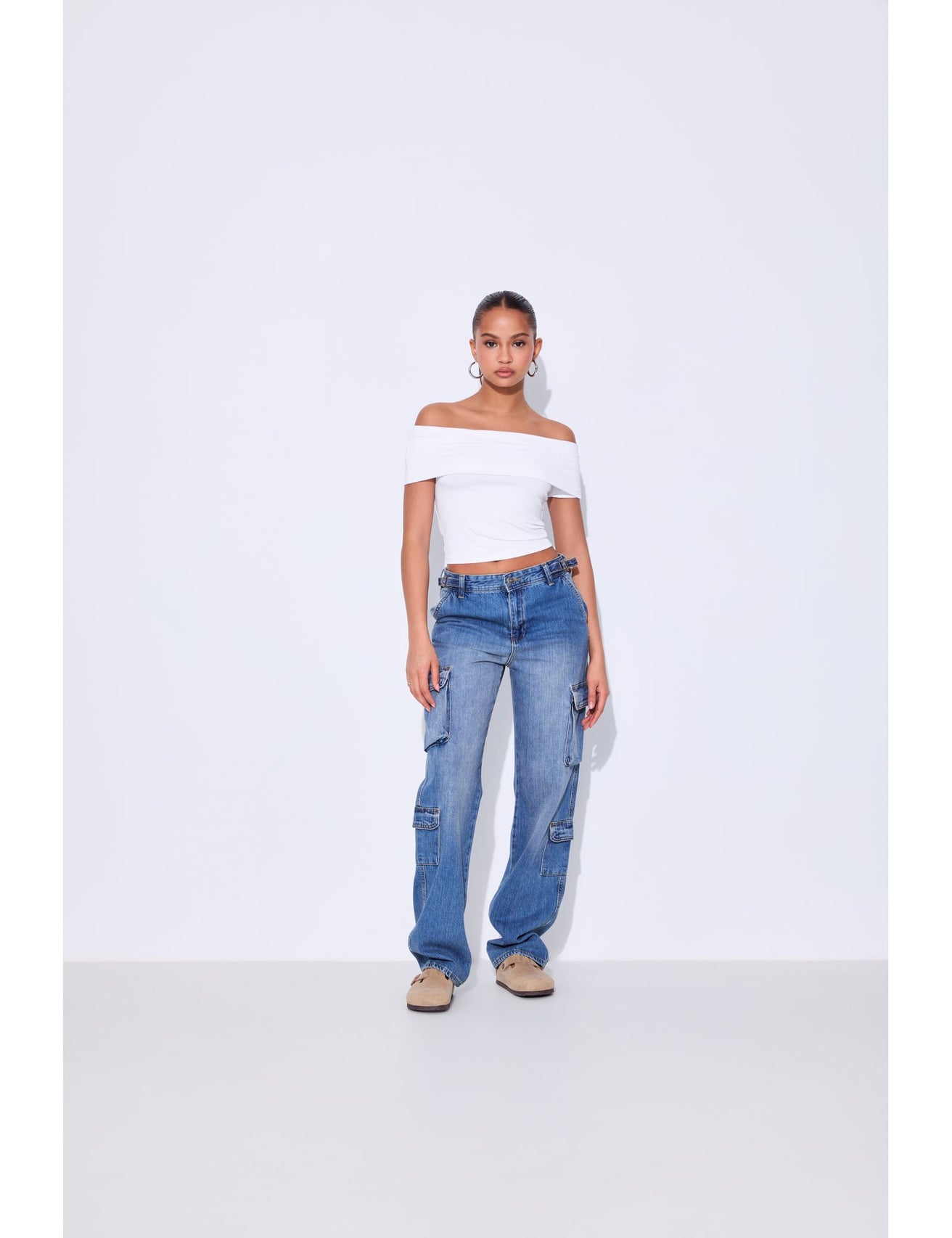 Jean cargo taille haute bleu - Image 1