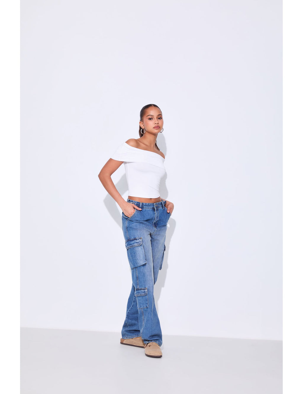 Jean cargo taille haute bleu