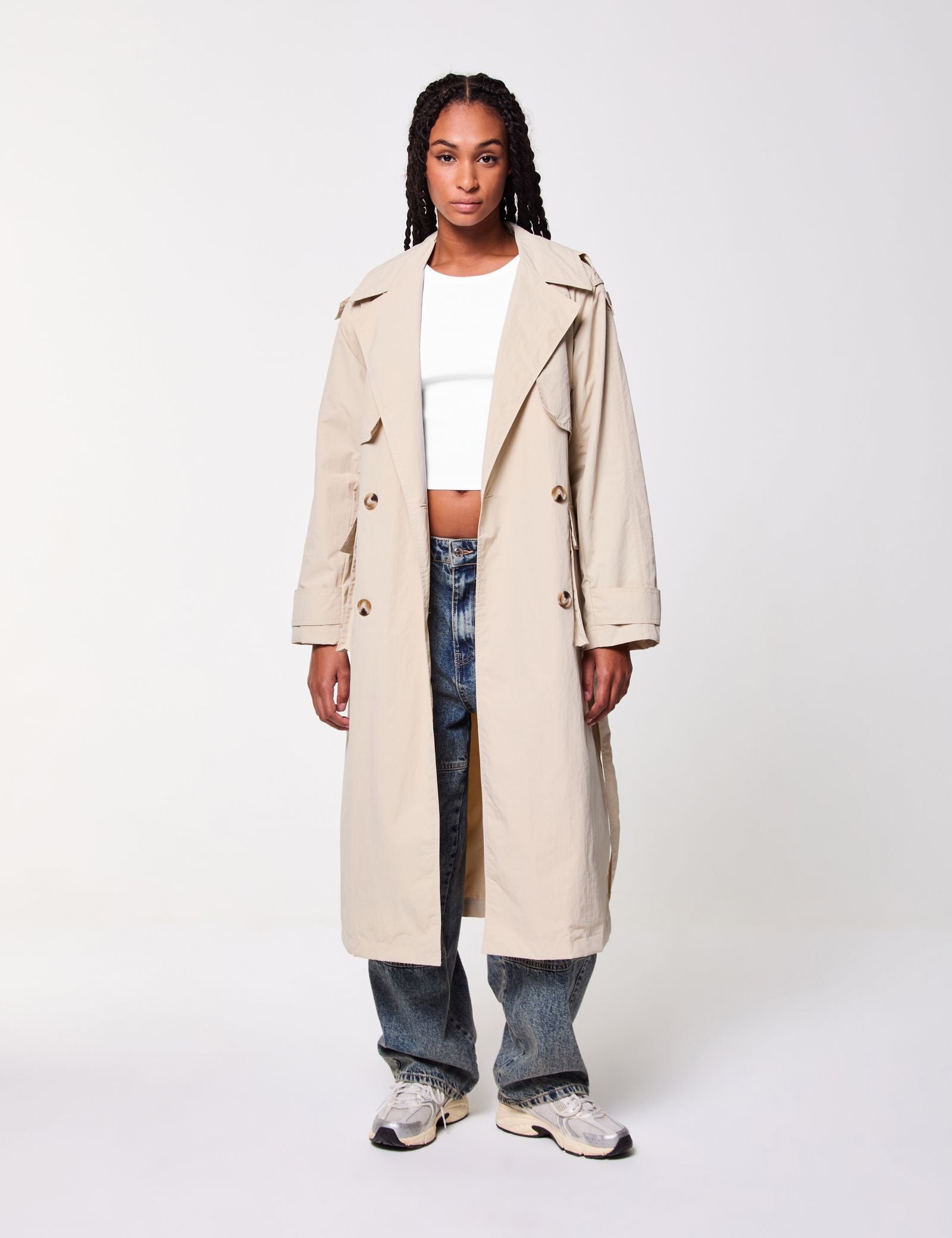 Trench coat long à ceinture beige