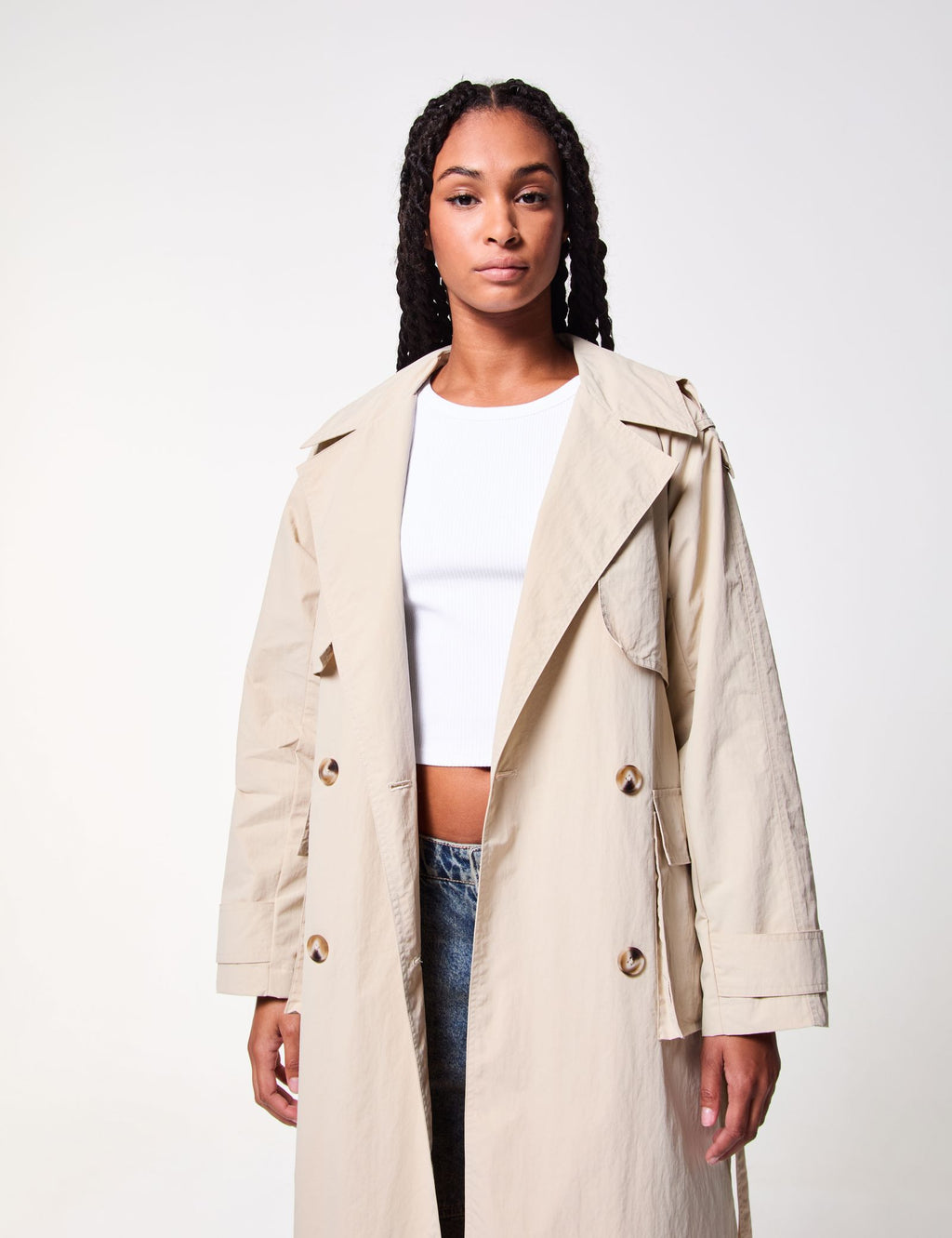 Trench coat long à ceinture beige