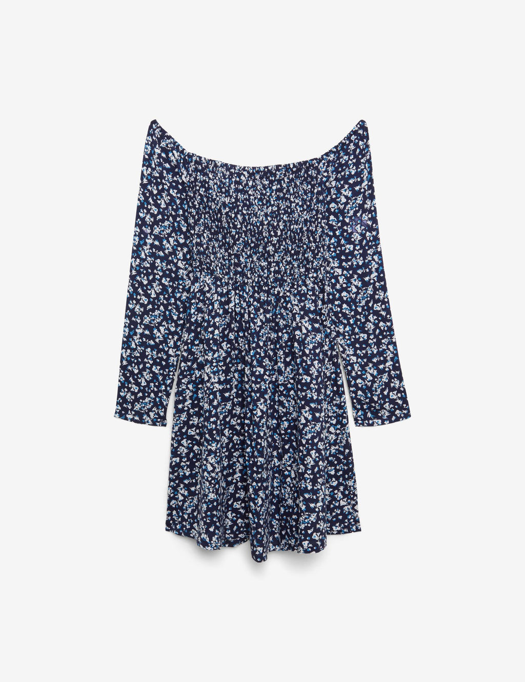 Robe bardot liberty à fronces bleue marine