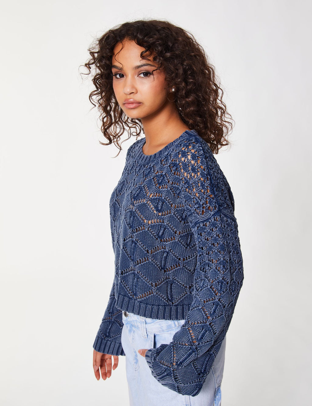 Pull court ajouré bleu ardoise