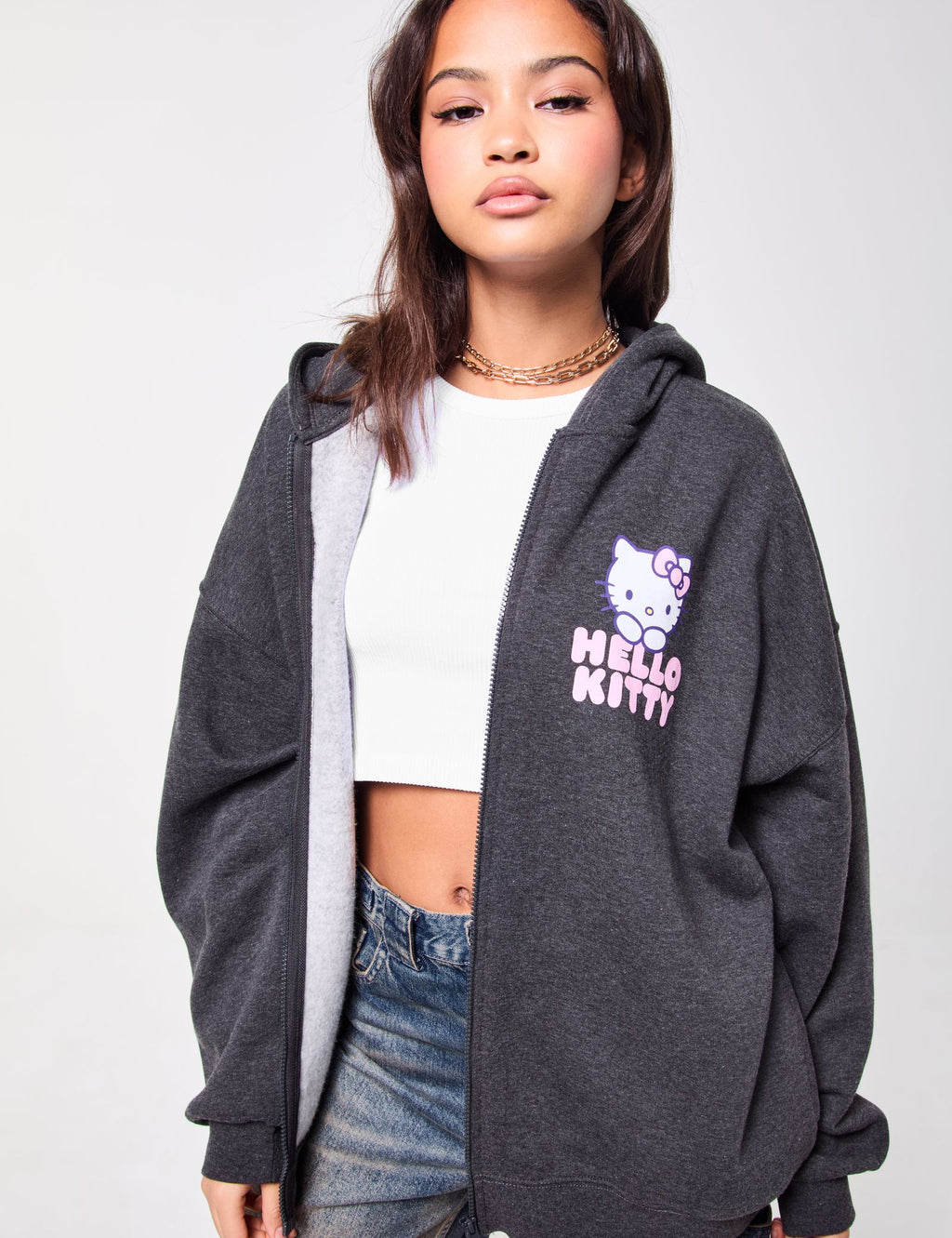 Sweat zippé imprimé hello kitty x jennyfer gris anthracite chiné