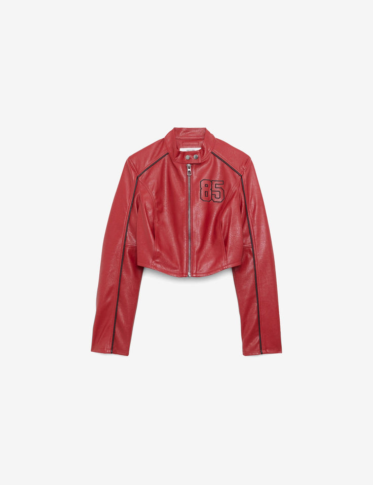 Veste biker matière enduite rouge