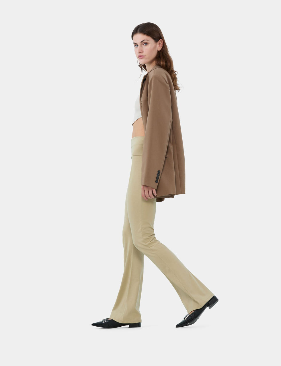 Pantalon évasé avec taille retroussée beige kaki