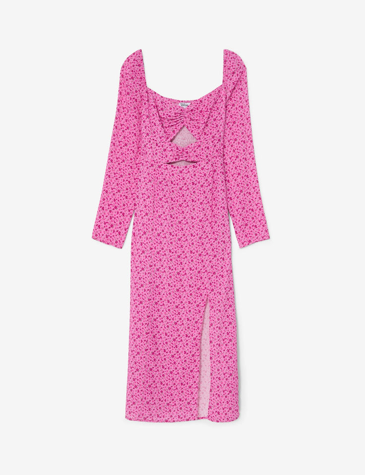 Robe longue fleurie ajourée rose