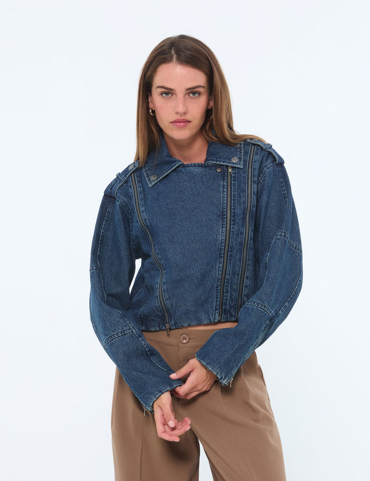 Veste en jean courte zippée denim bleu