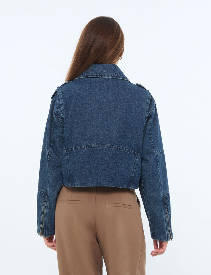 Veste en jean courte zippée denim bleu