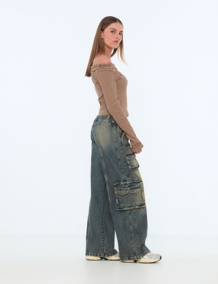 Jean wide leg taille basse bleu