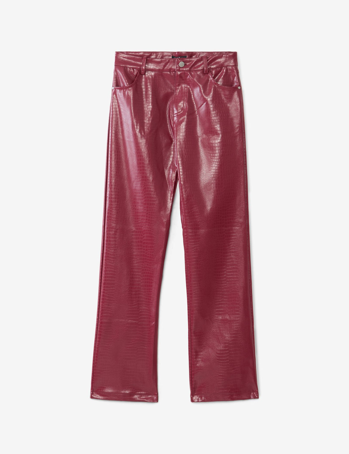 Pantalon en matière enduite à motif croco rouge bordeau