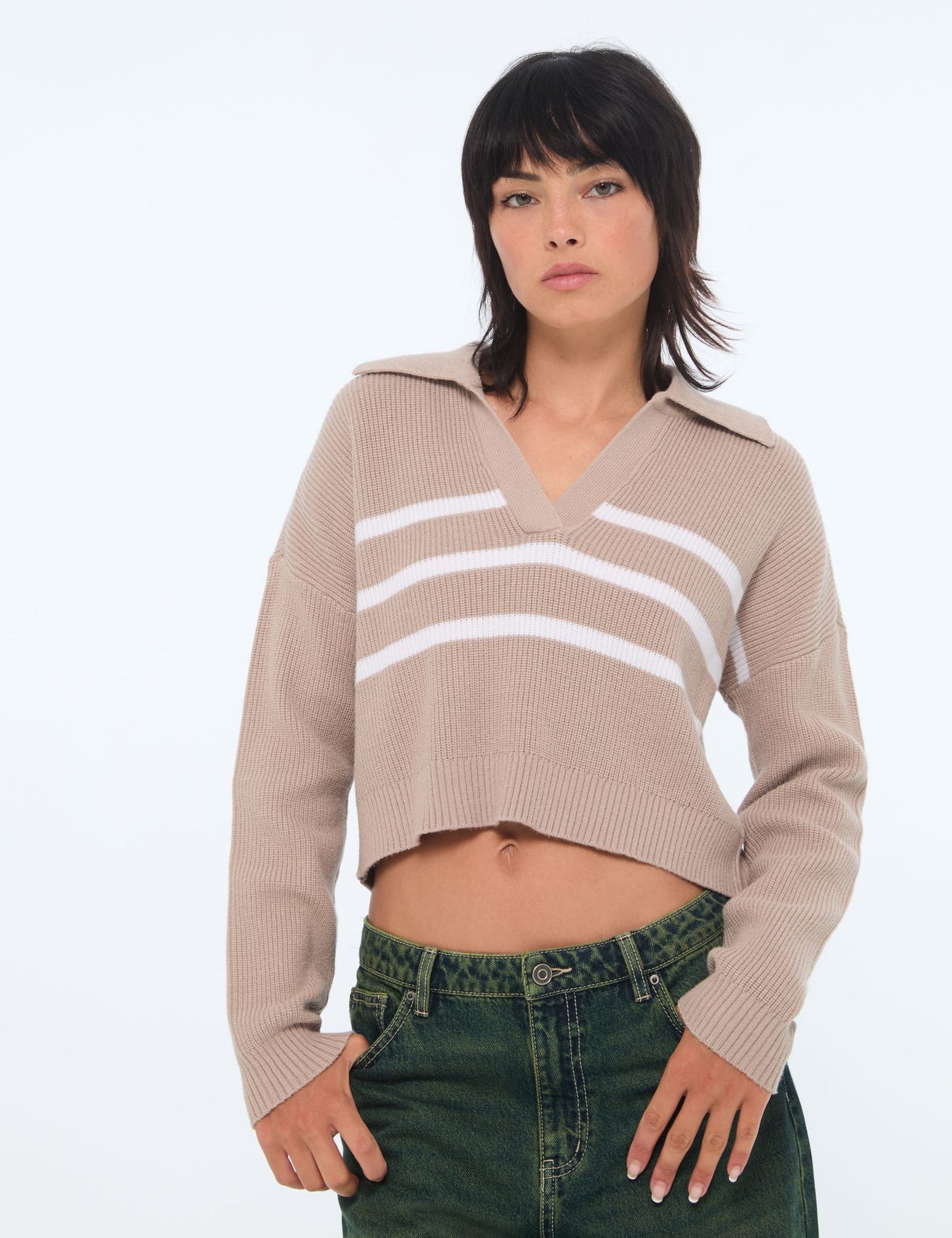 Pull côtelé beige foncé et blanc - Image 1