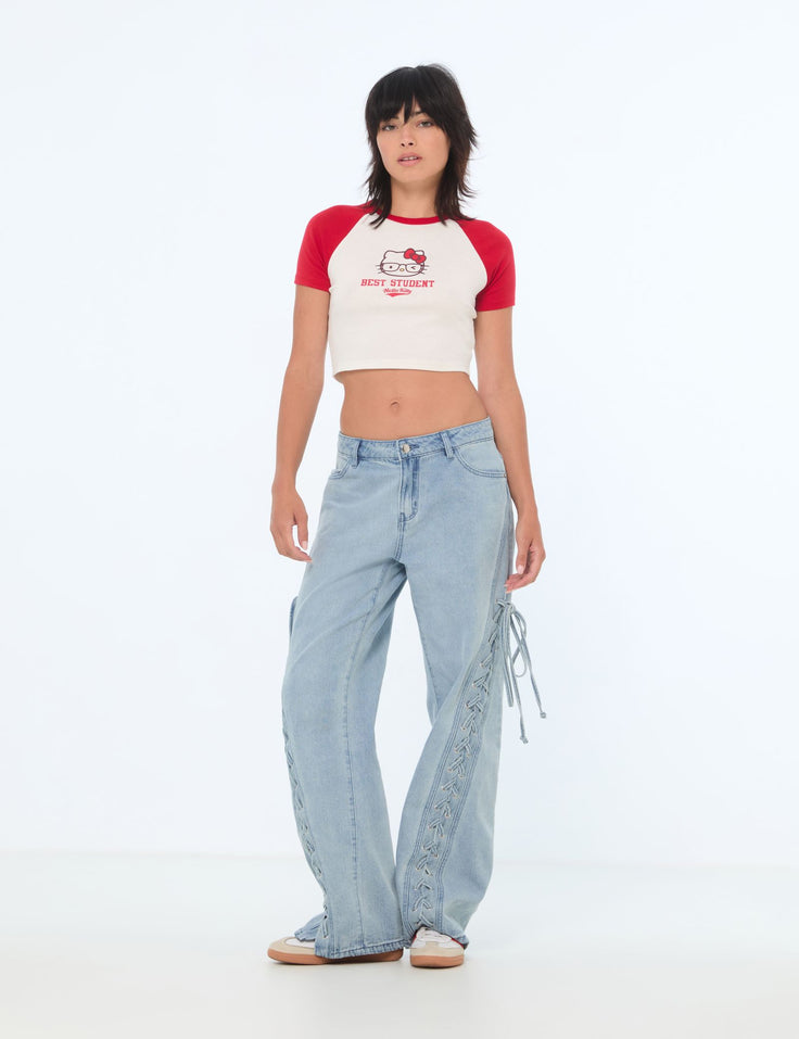 Jean droit Wide Leg taille basse à tresses bleu jean