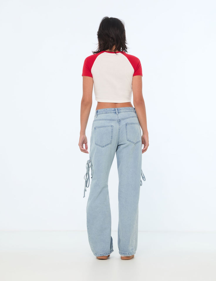 Jean droit Wide Leg taille basse à tresses, bleu jean