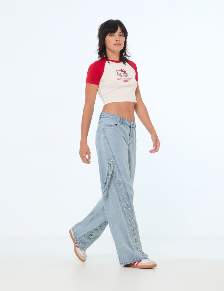 Jean droit Wide Leg taille basse à tresses, bleu jean