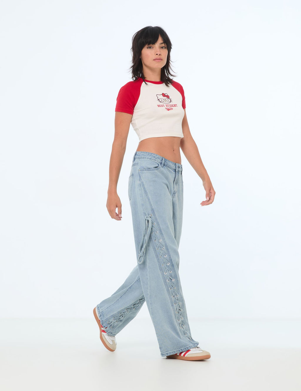 Jean droit Wide Leg taille basse à tresses bleu jean