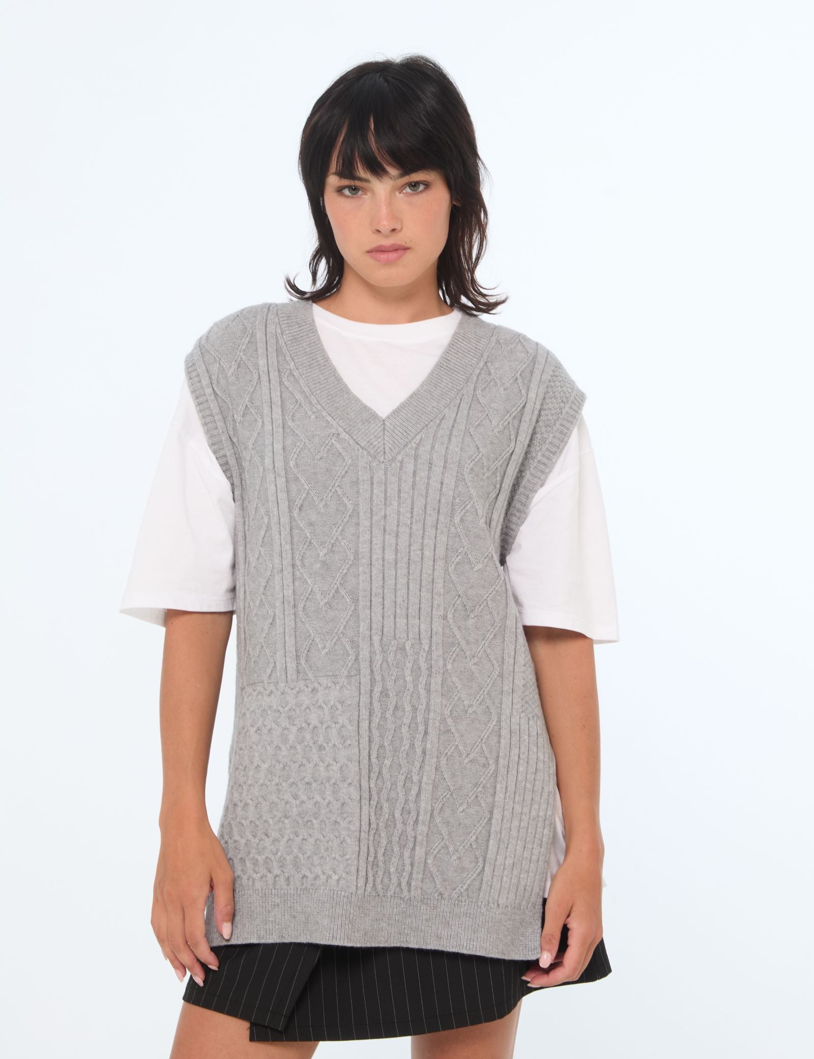 Pull sans manches en maille côtelée gris chiné