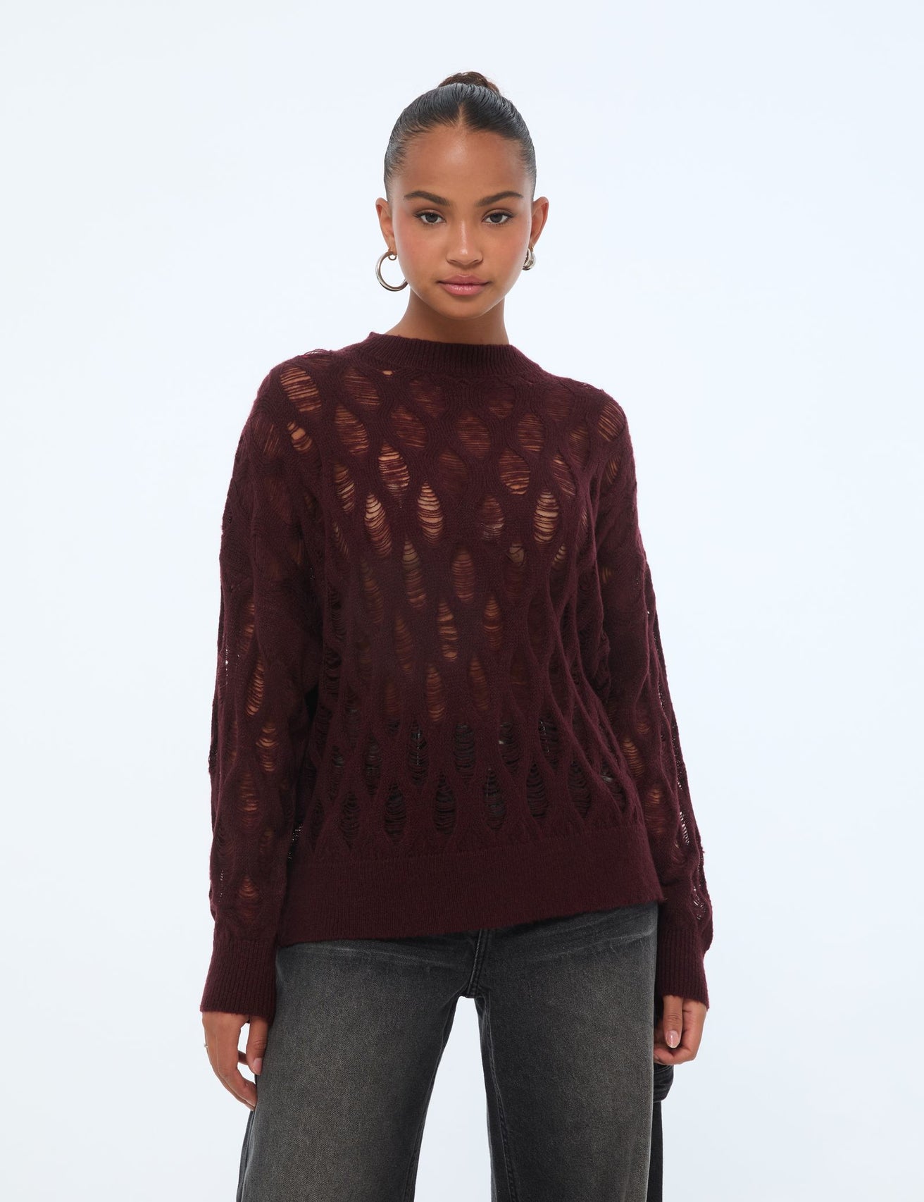 Pull oversize ajouré prune - Image 1