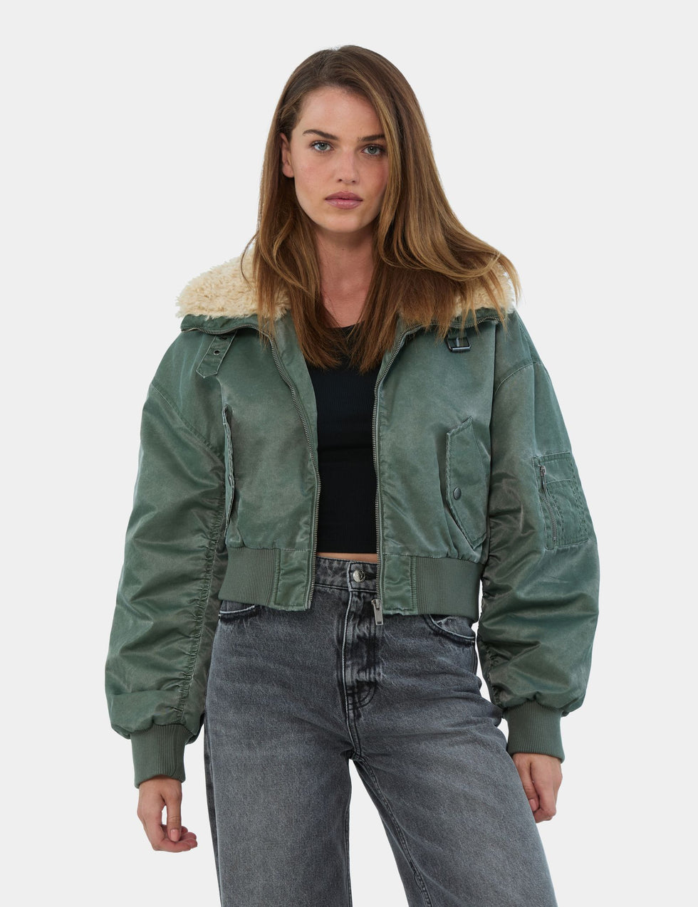 Veste avec col en fausse fourrure verte