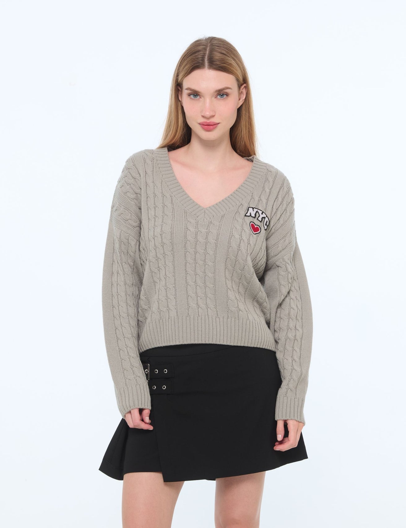 Pull en maille tressée gris clair - Image 1