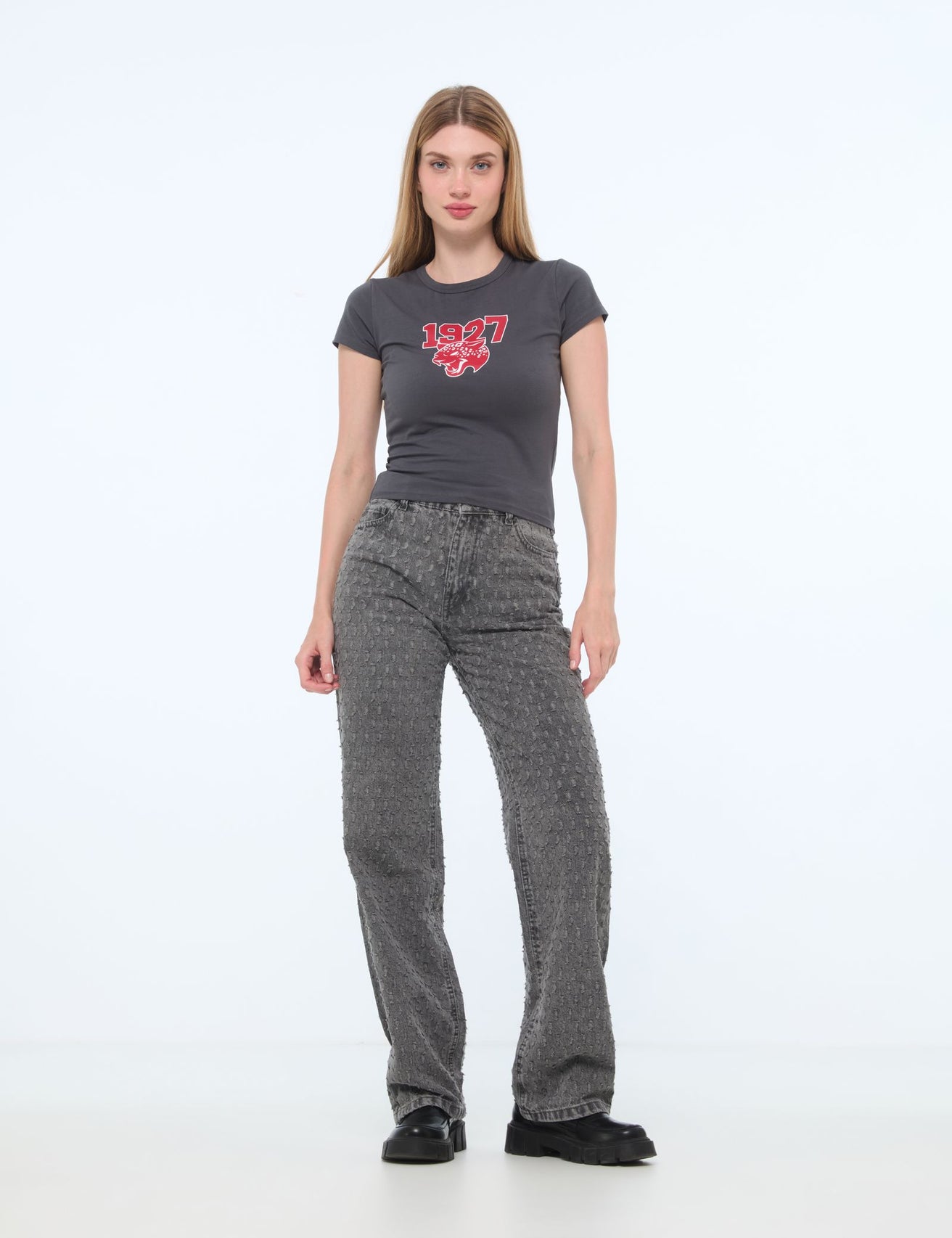 Jean straight gris taille haute - Image 1