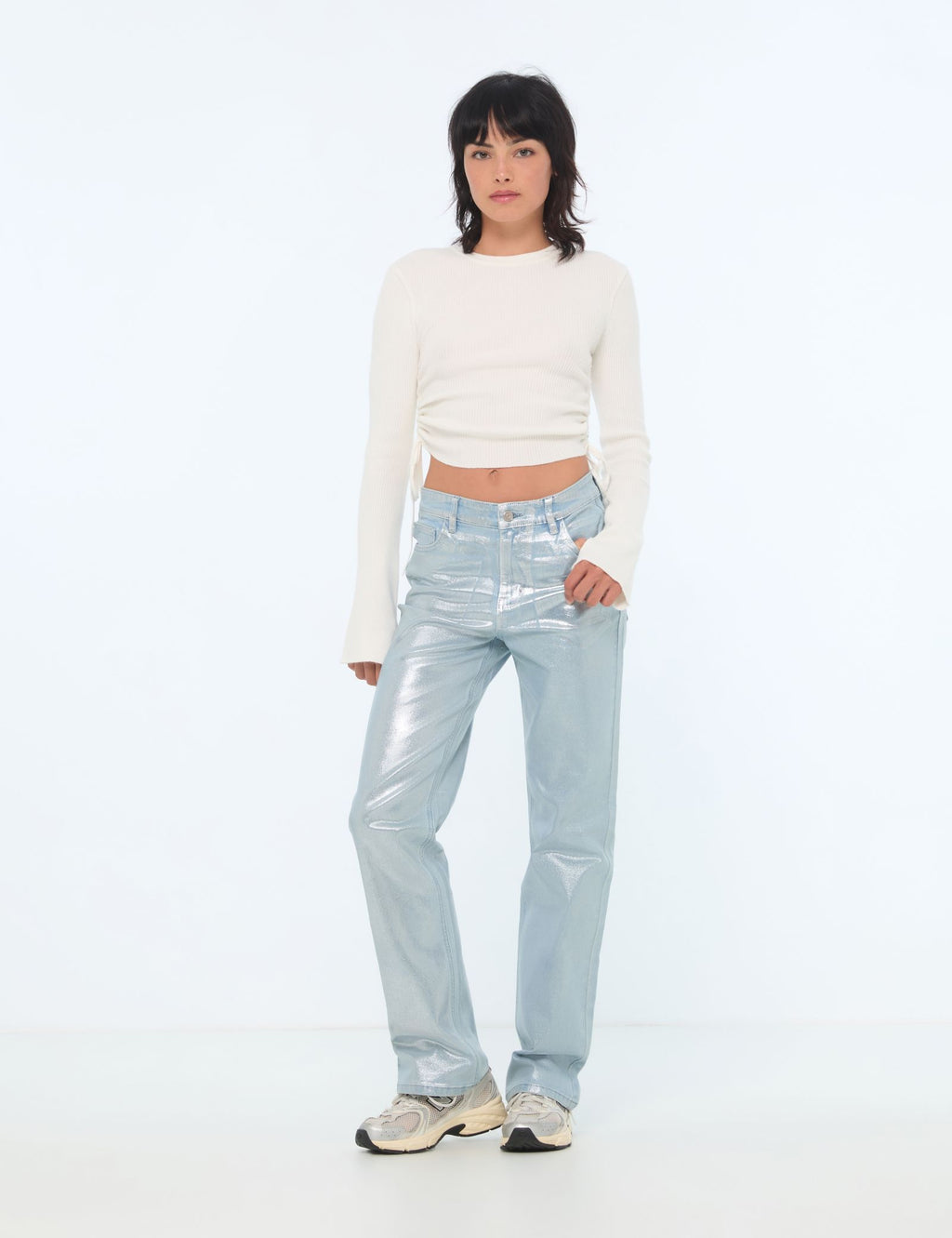 Pantalon straight taille medium bleu scintillant