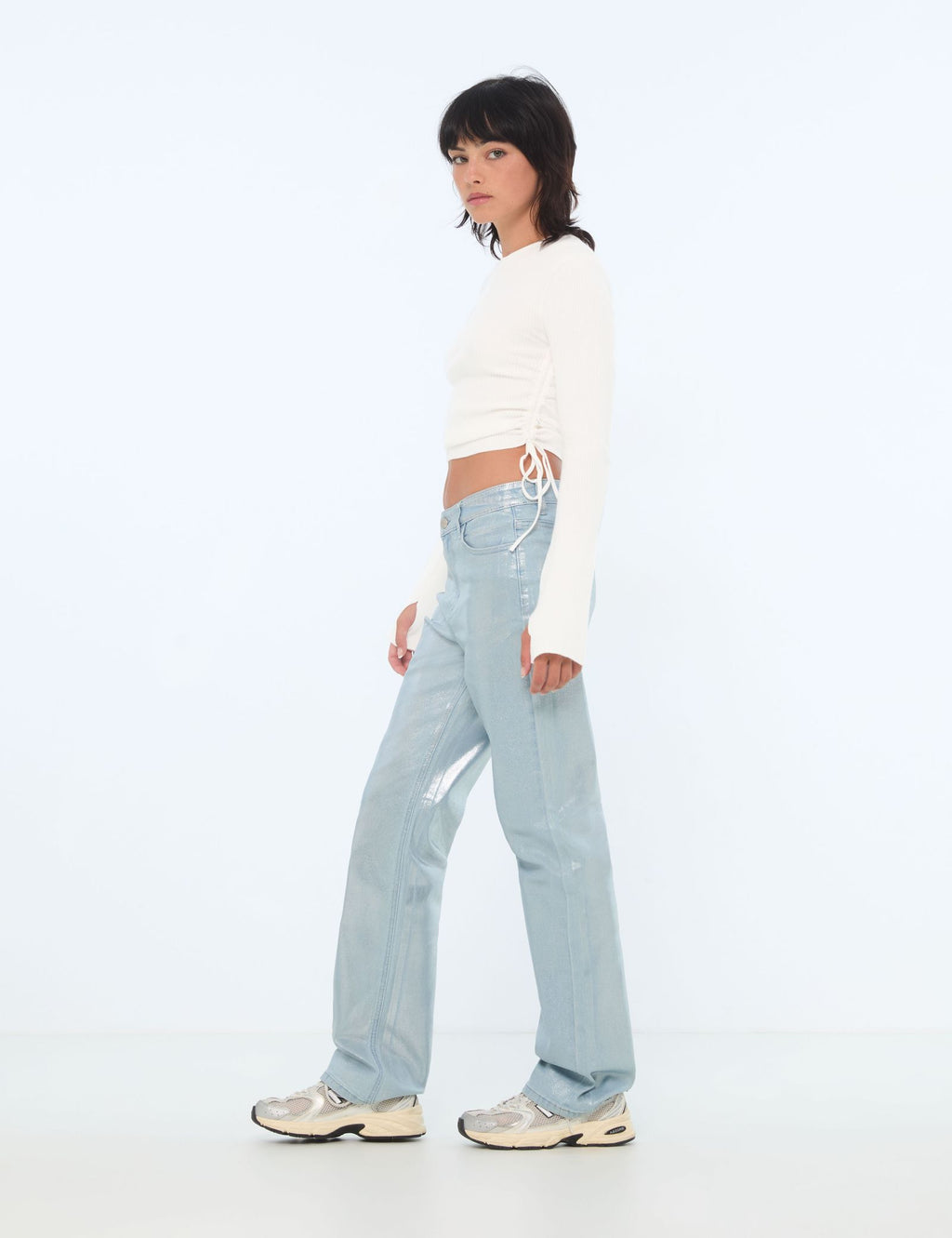 Pantalon straight taille medium bleu scintillant