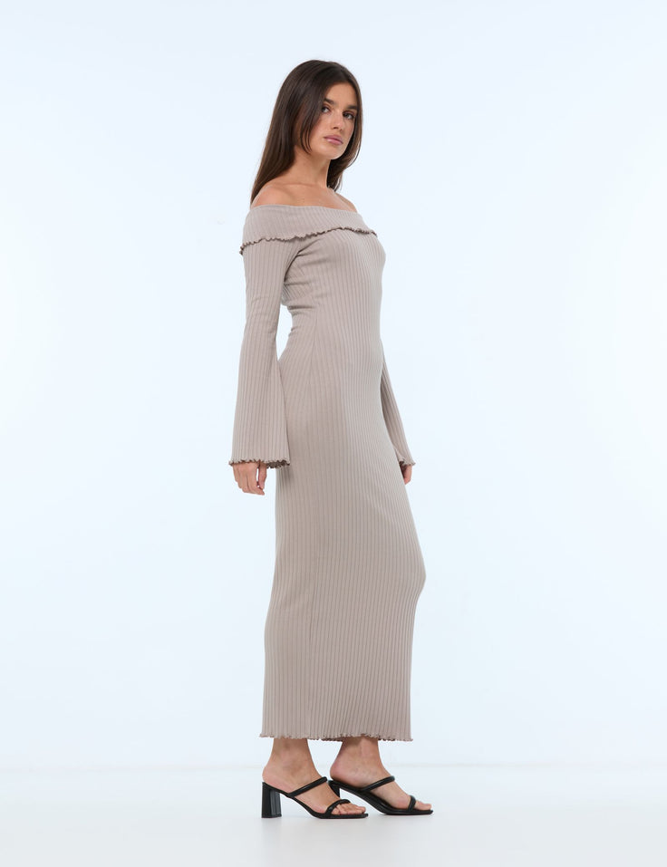 Robe longue col bardot taupe