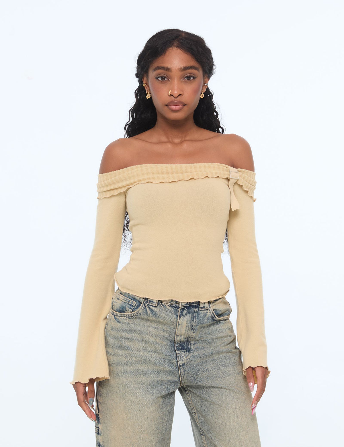 Pull col bardot beige moyen