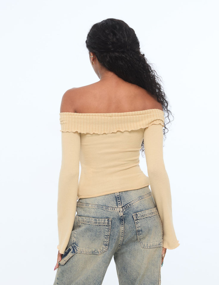 Pull col bardot beige moyen