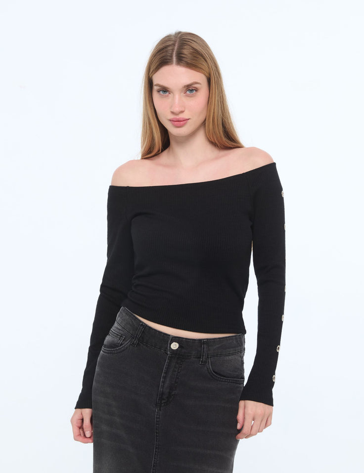 Top col bardot noir