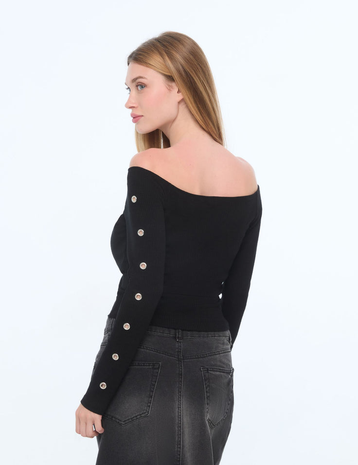 Top col bardot noir