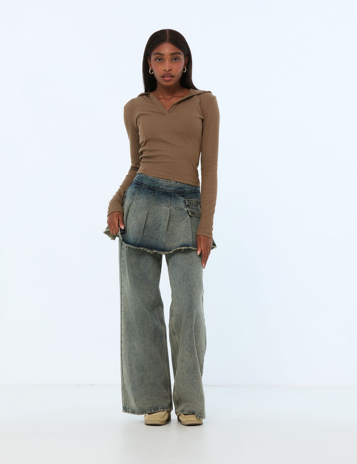 Jean wide leg avec jupe superposée bleu