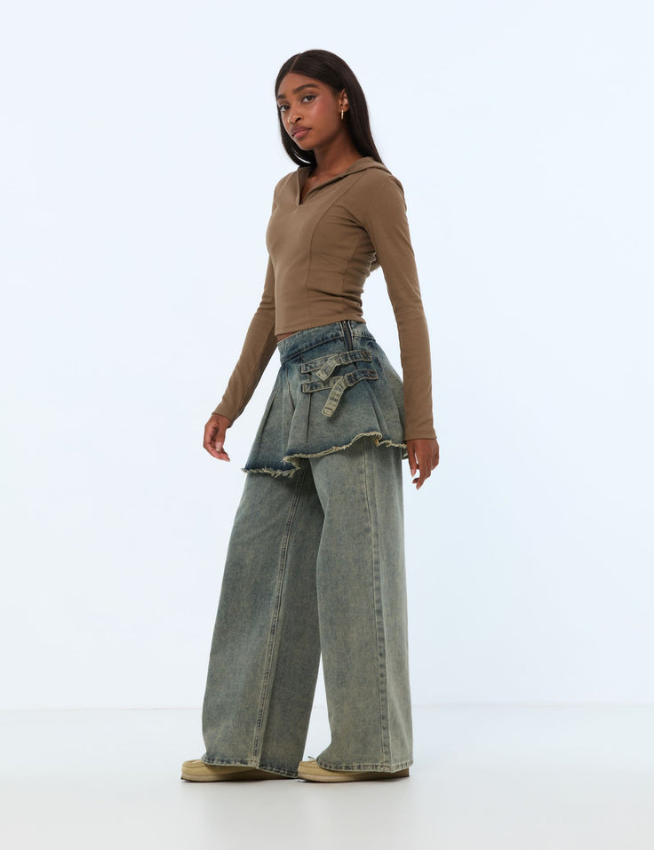 Jean wide leg avec jupe superposée bleu