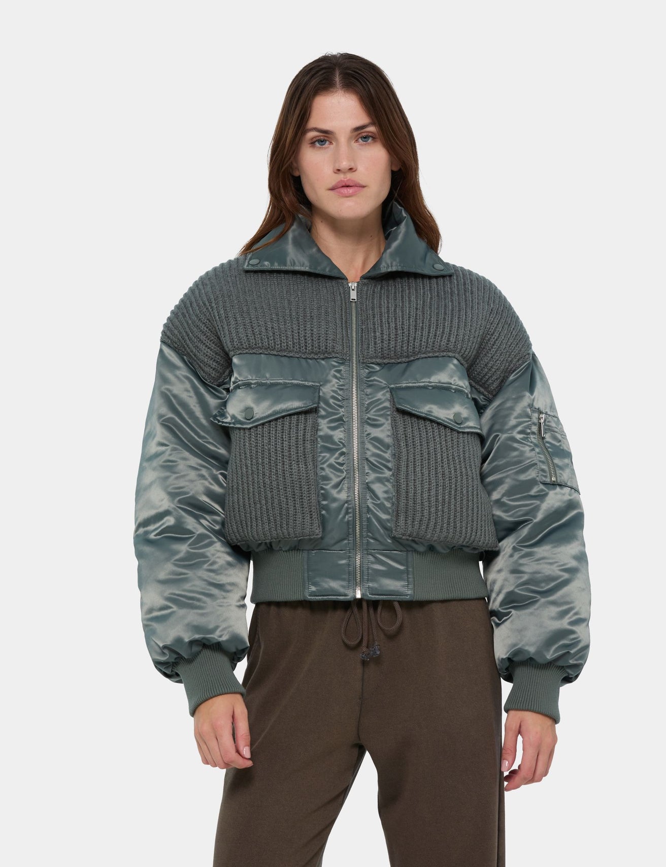 Veste bomber avec détails en maille verte olive - Image 1