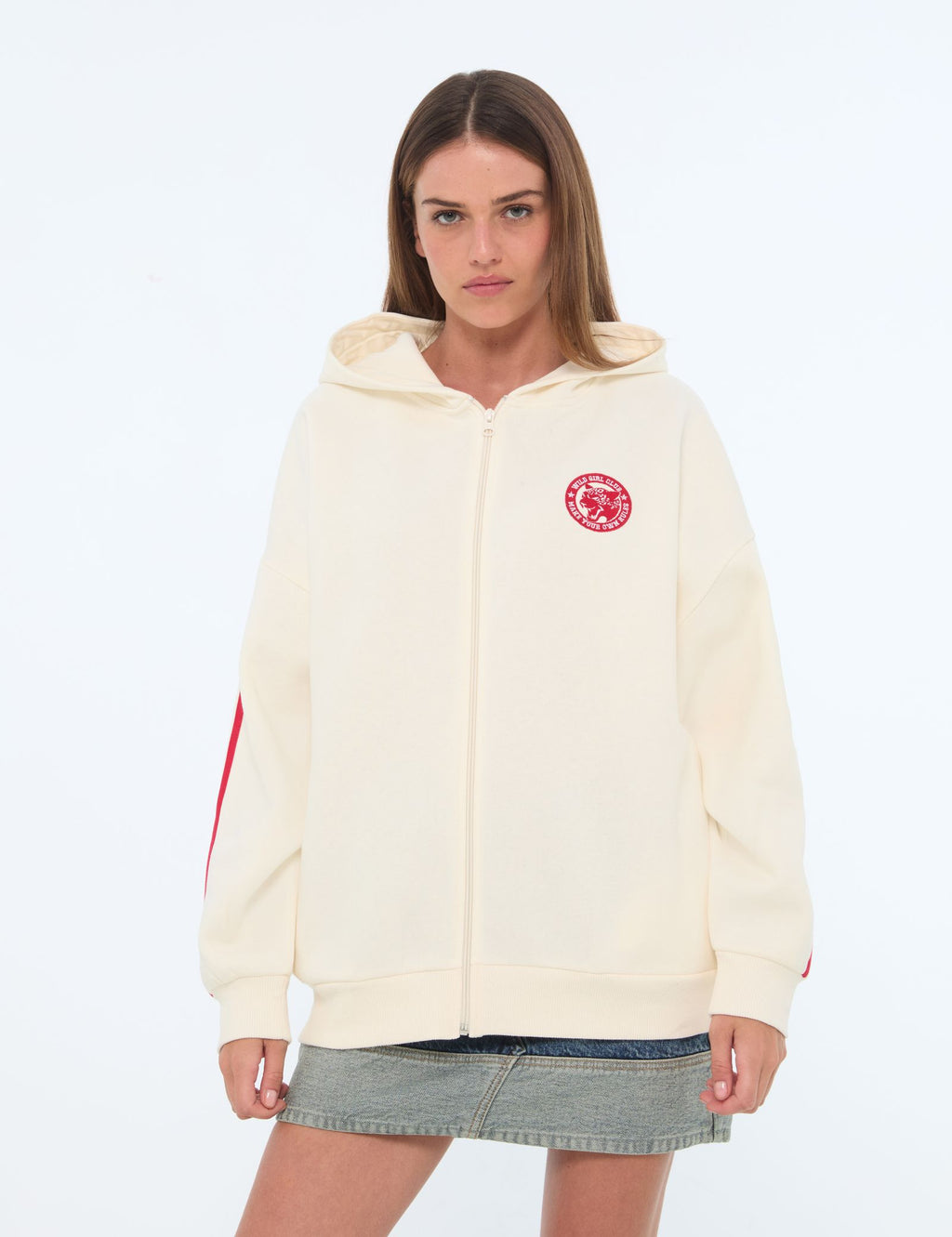 Sweat oversize blanc cassé avec bandes rouges