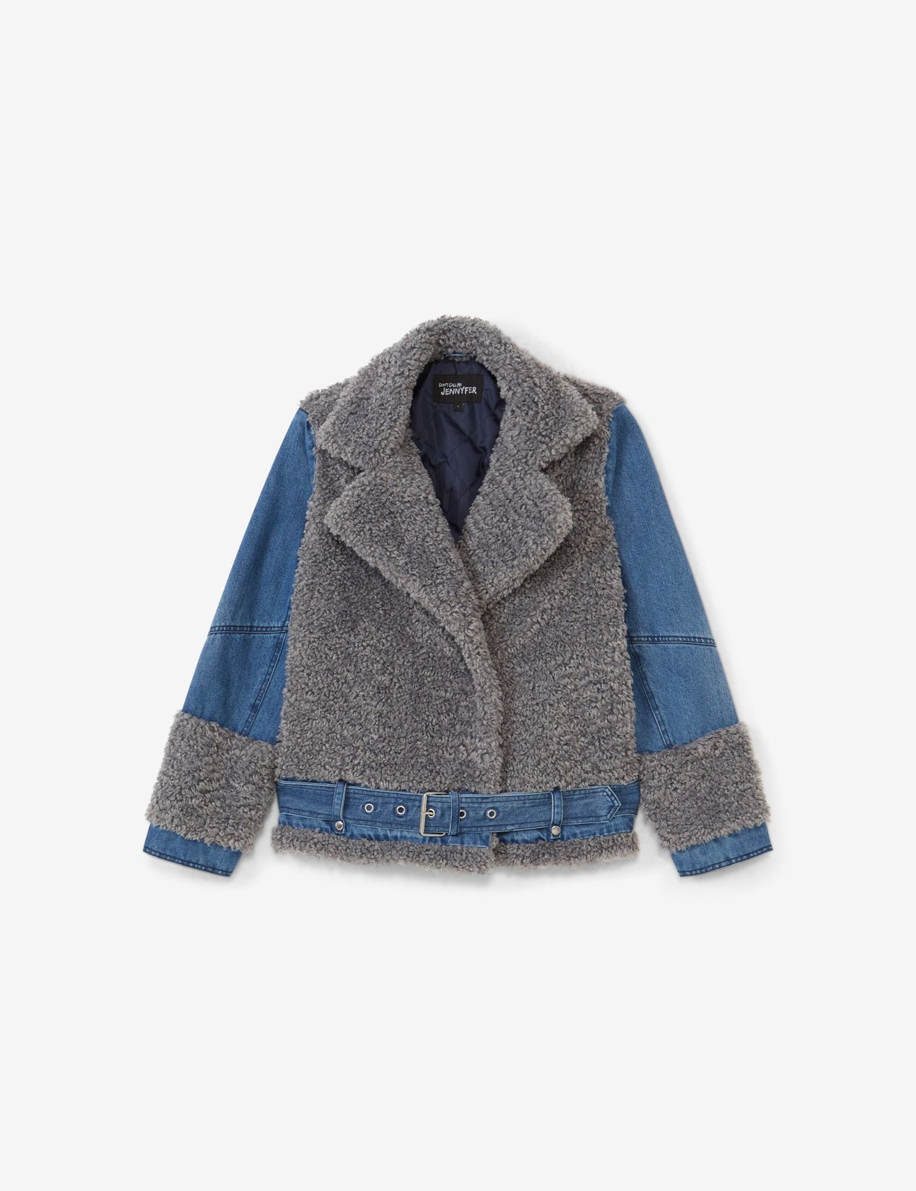 Veste en fausse fourrure grise et en jean bleu - Image 1