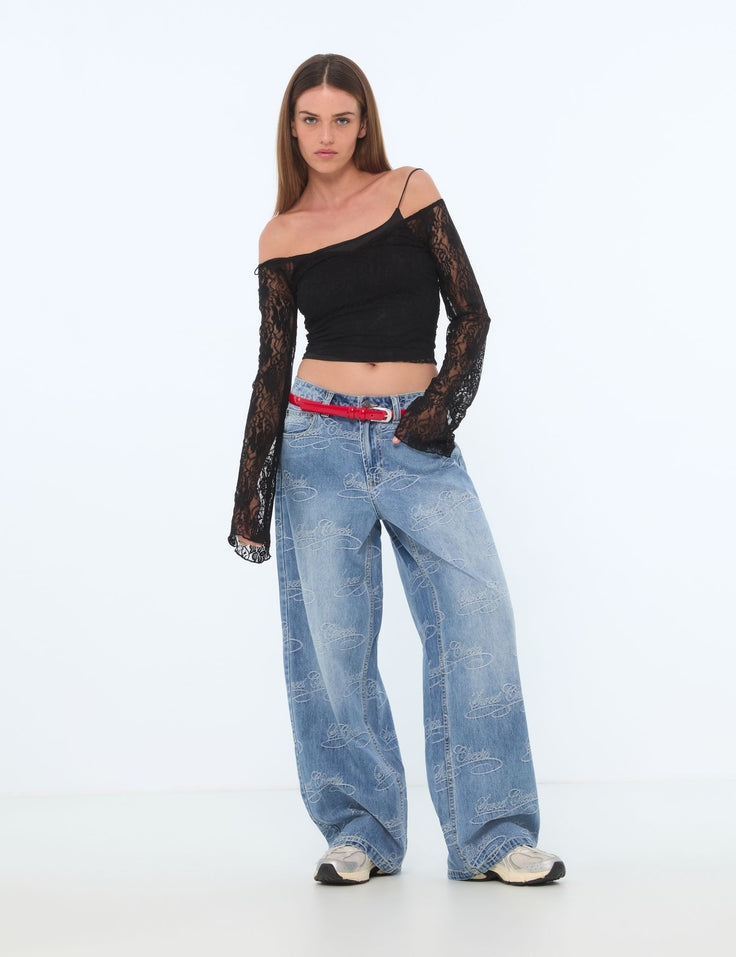 Jean wide leg à message bleu