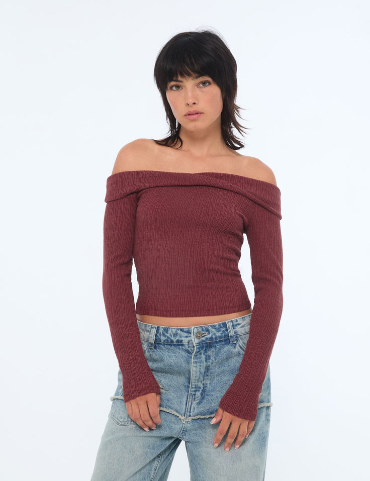 Top col bardot rouge bordeaux