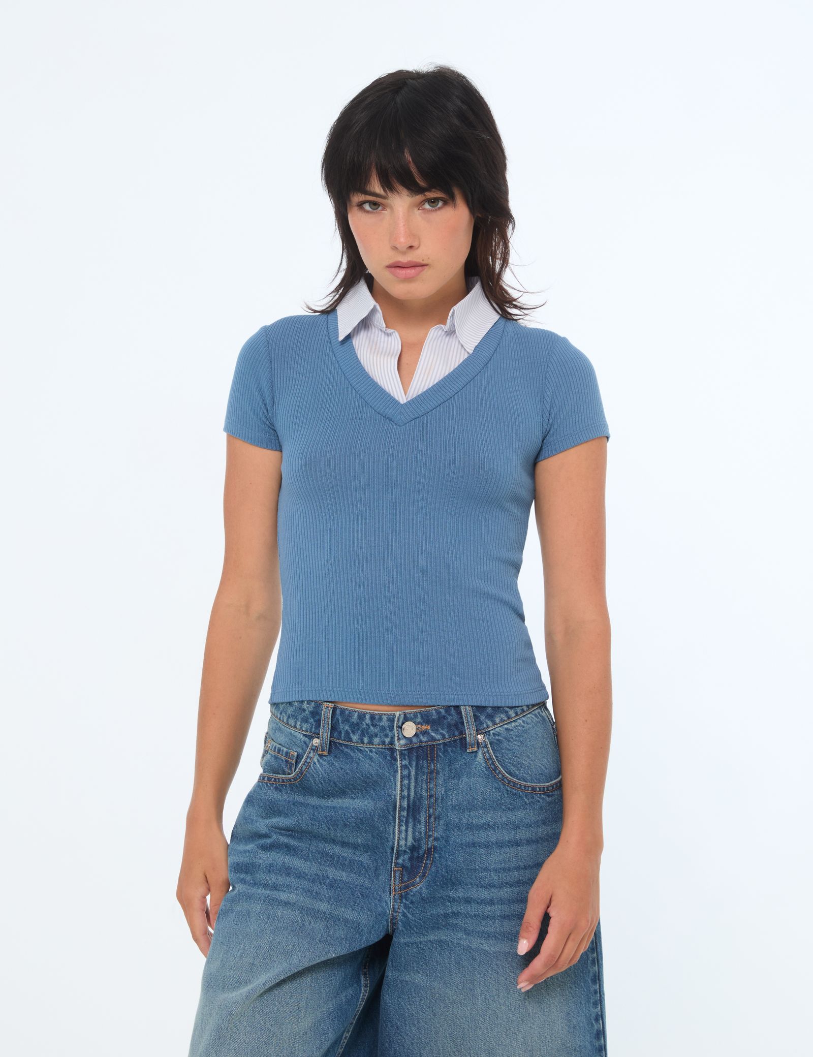 T-shirt avec doublure chemise bleu ardoise