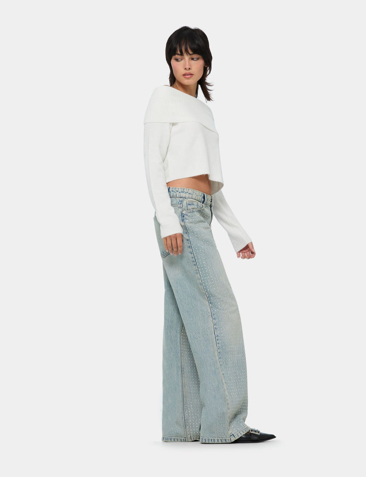 Jean à strass Wide Leg Taille medium bleu ciel