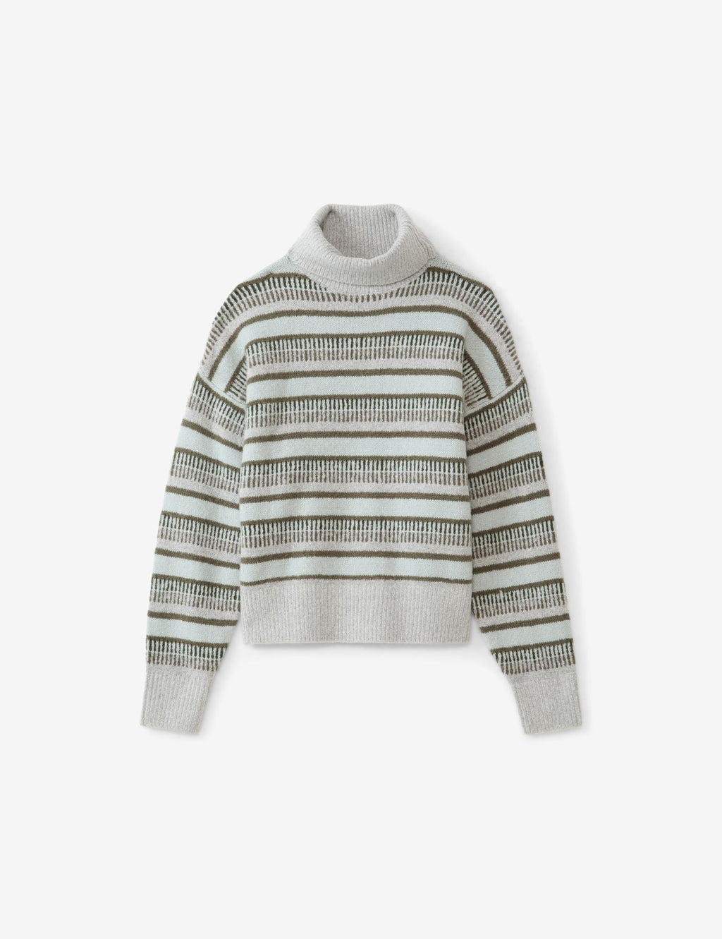 Pull rayé à col roulé vert et gris