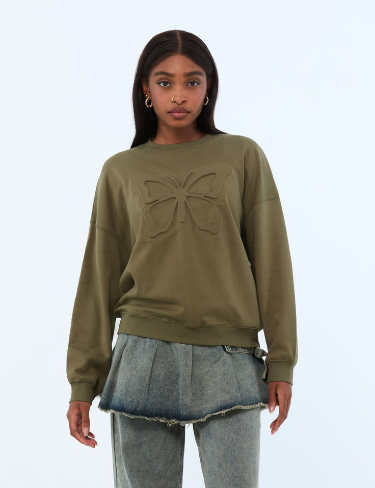 Sweat motif papillon vert olive