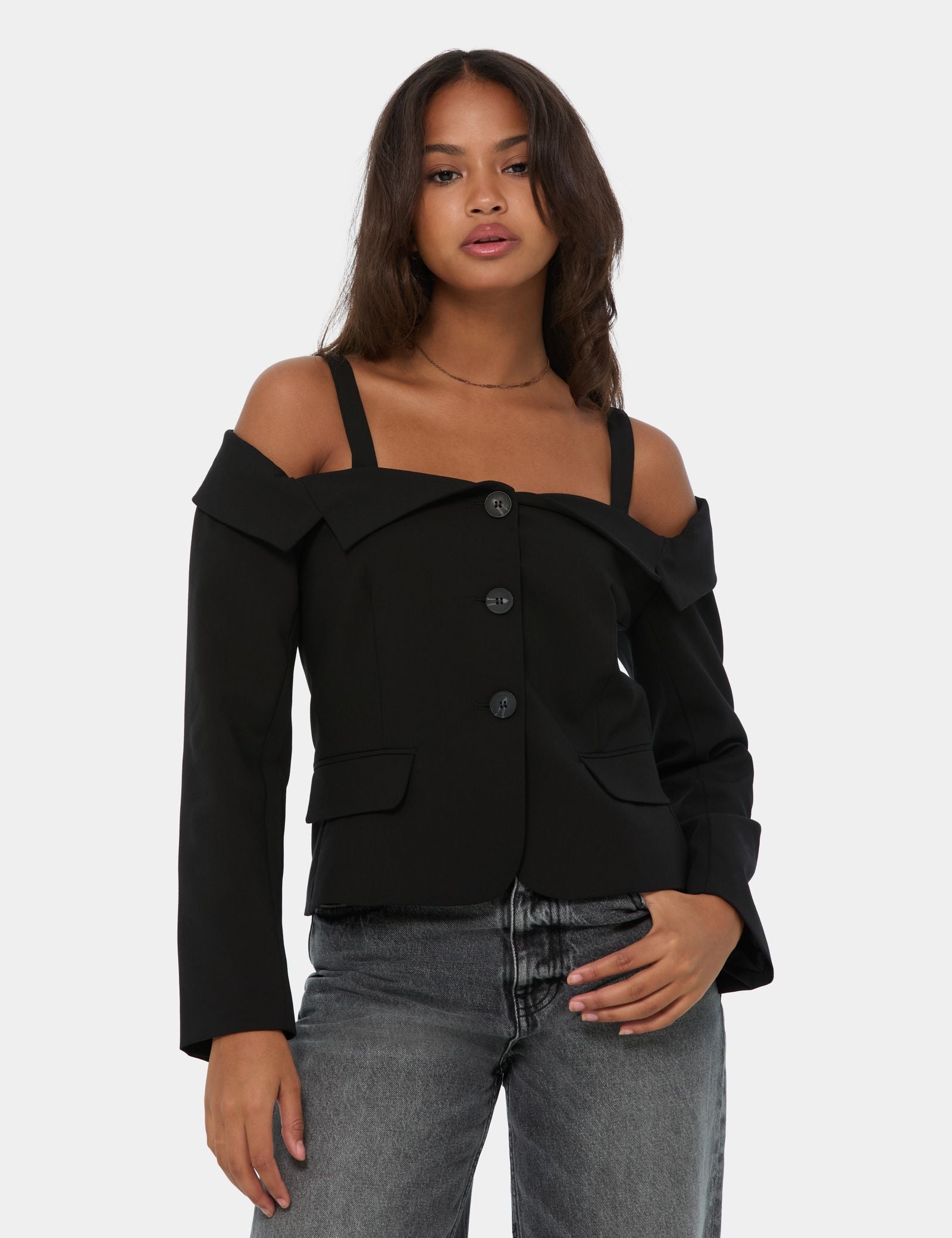 Veste blazer col bardot noire