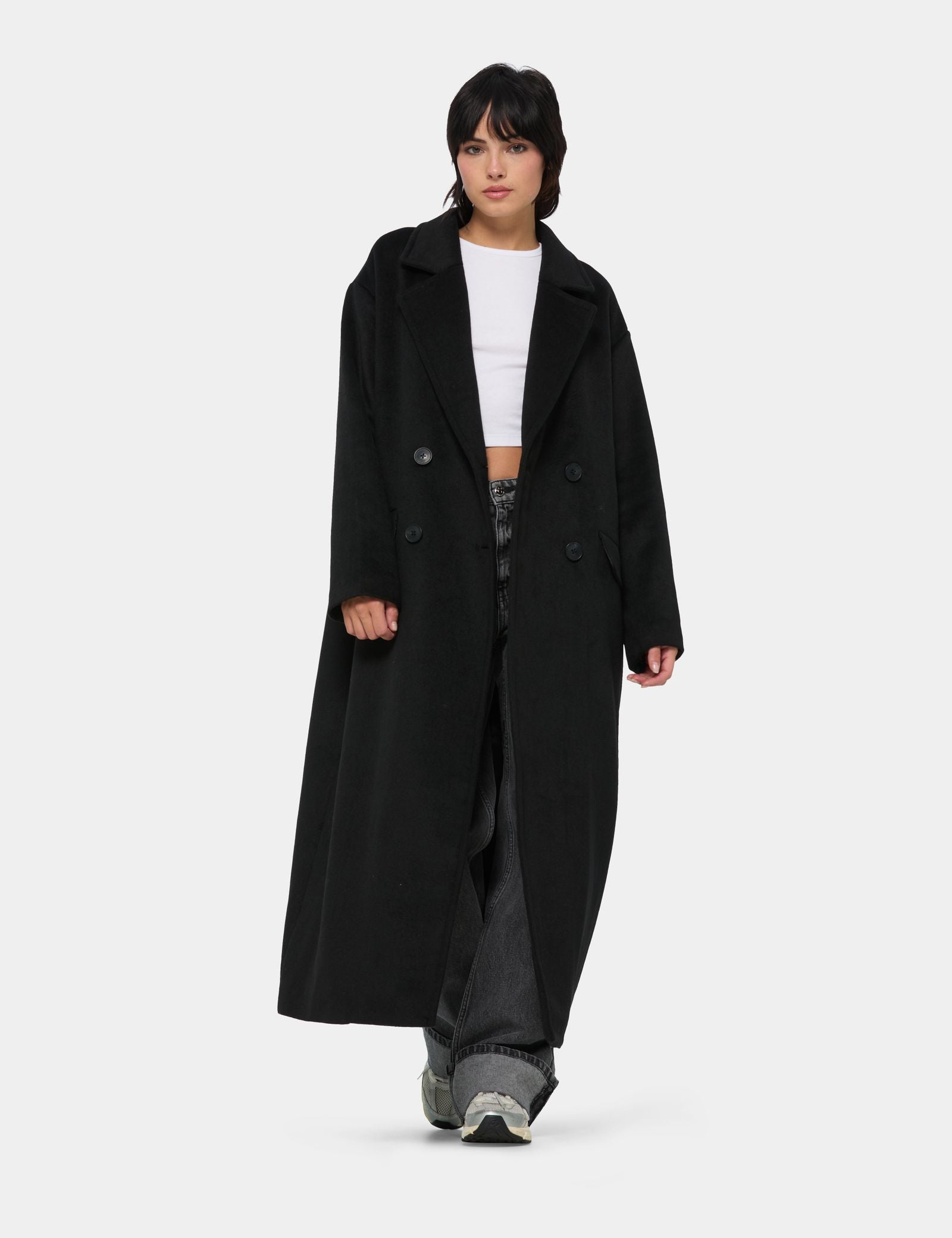 Long manteau en mélange de laine noir