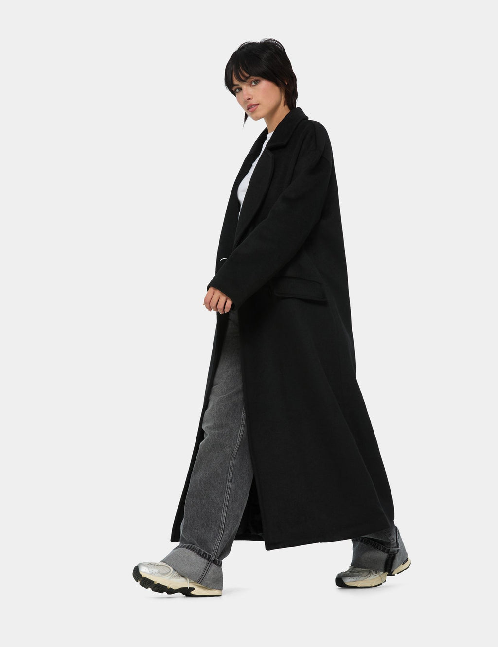 Long manteau en mélange de laine noir