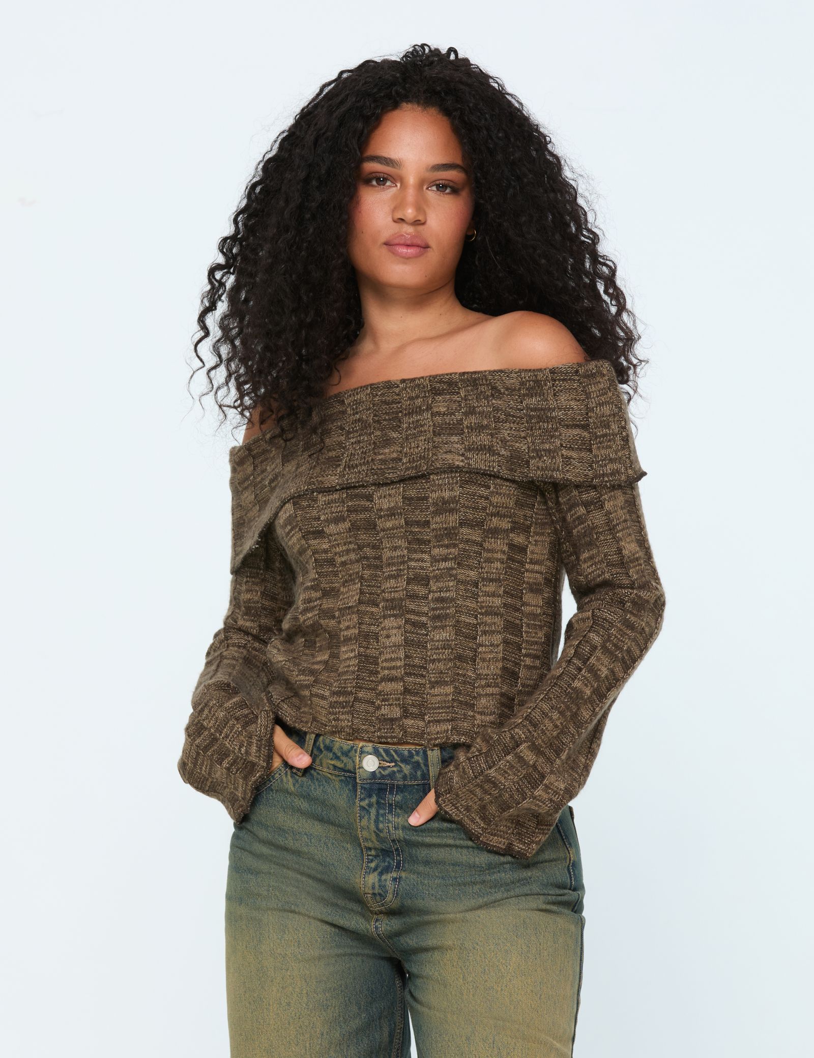 Pull col bardot marron clair