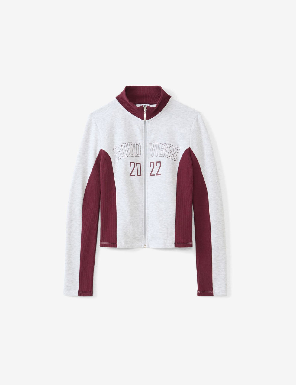 Sweat zippé gris chiné à bandes bordeaux