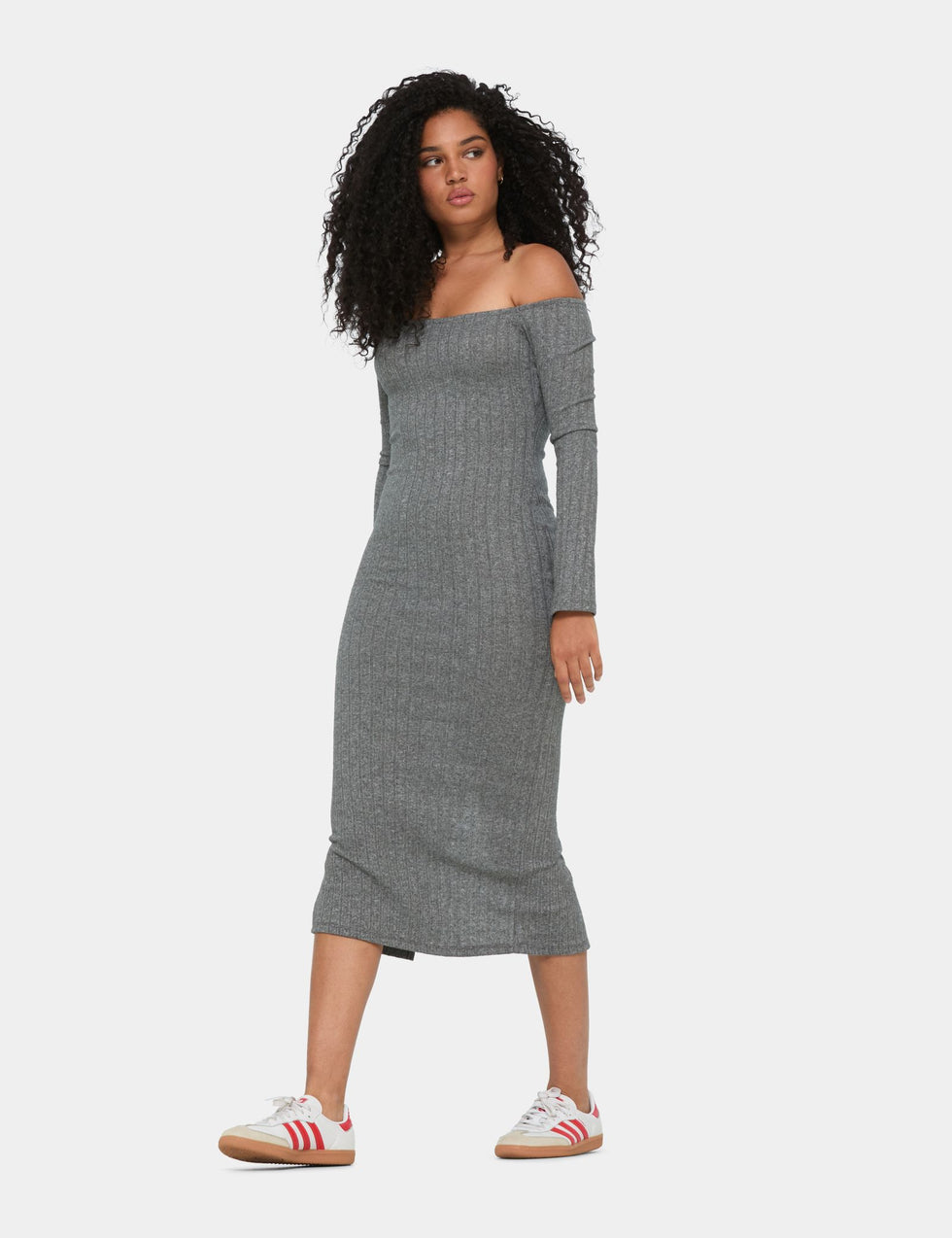 Robe longue côtelée gris anthracite chiné